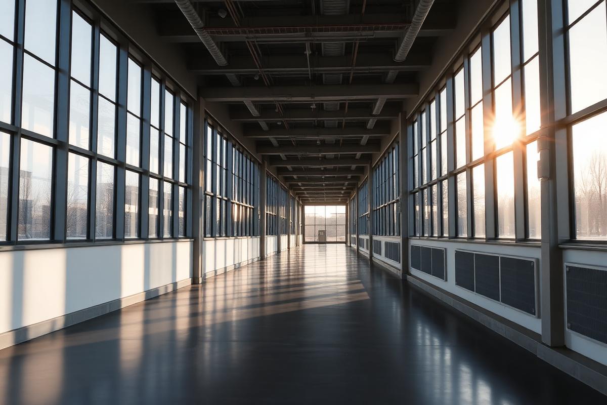 An empty modern office corridor with morning sunlight streaming through tall windows and polished concrete floor An empty modern office corridor with morning sunlight streaming through tall windows and polished concrete floor