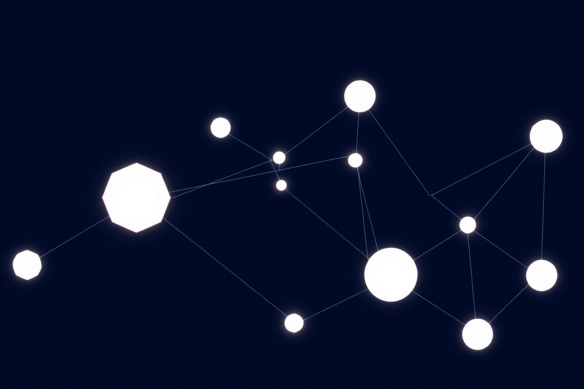 Abstract minimalist composition of glowing interconnected geometric nodes and lines on a deep navy background Abstract minimalist composition of glowing interconnected geometric nodes and lines on a deep navy background