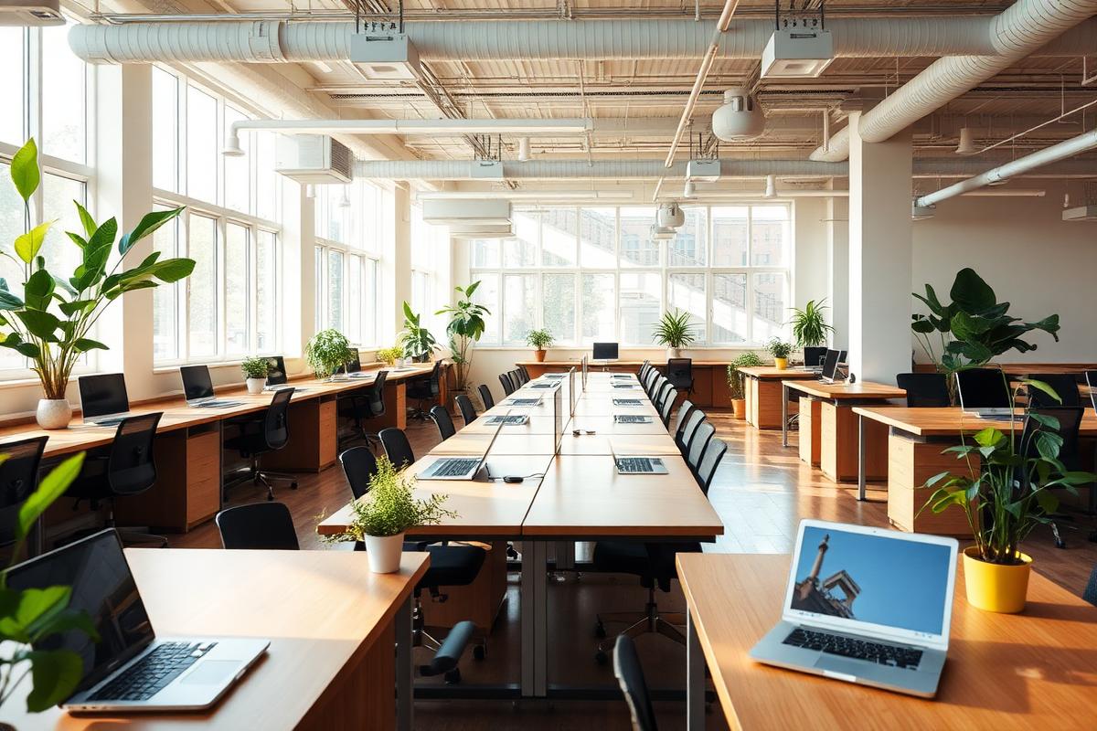 An empty open-plan workspace with wooden desks, leafy green plants and warm afternoon sunlight streaming in An empty open-plan workspace with wooden desks, leafy green plants and warm afternoon sunlight streaming in
