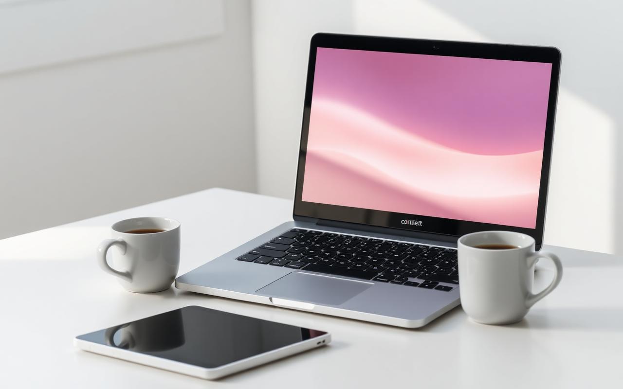 A clean desk with a laptop open showing a blinking cursor in soft daylight