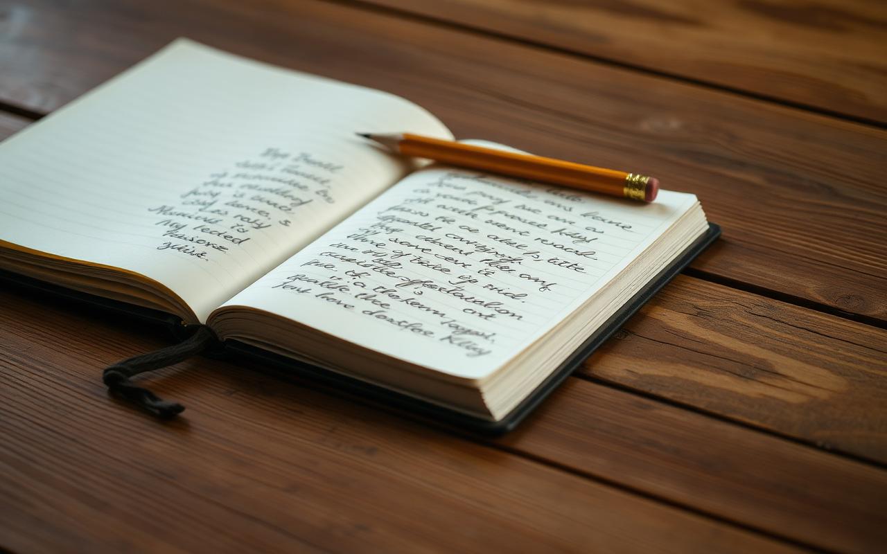 An open notebook with a pen mid-stroke and warm sunlight slanting across the page
