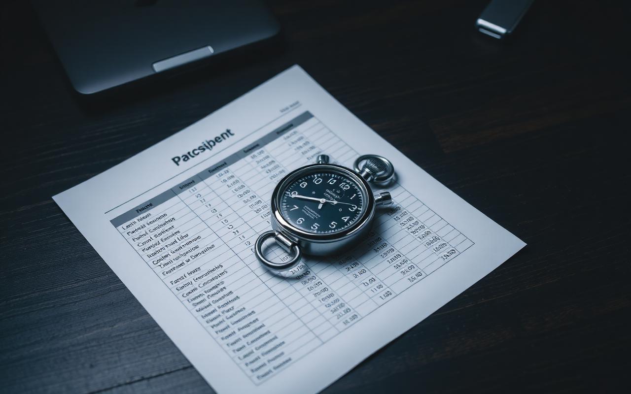 A stopwatch resting on top of a printed spreadsheet on a dark wooden desk under harsh overhead light