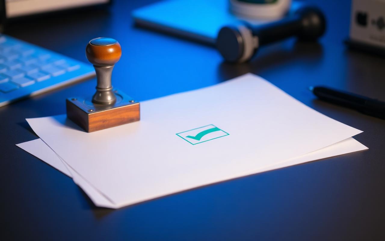 A rubber stamp poised over a form with a small green checkmark on a minimalist office desk in cool blue light