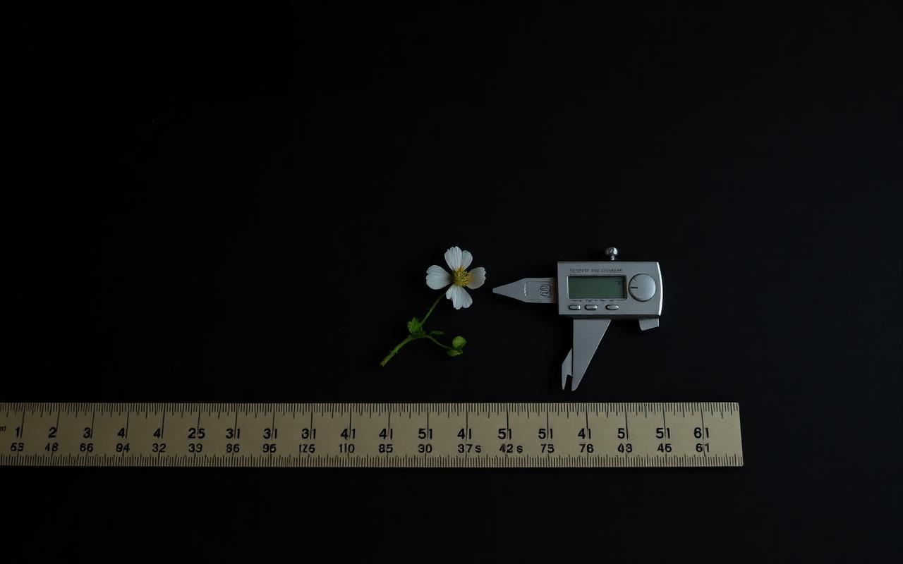 A digital calliper measuring a small delicate flower resting on a dark surface next to a long wooden ruler