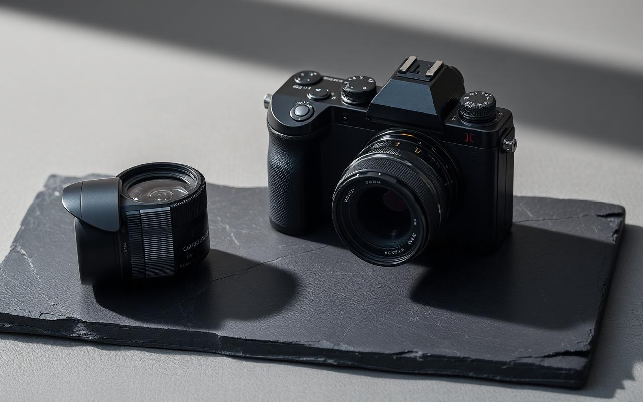 A modern mirrorless camera body and lens arranged on a slate surface with a soft gradient light
