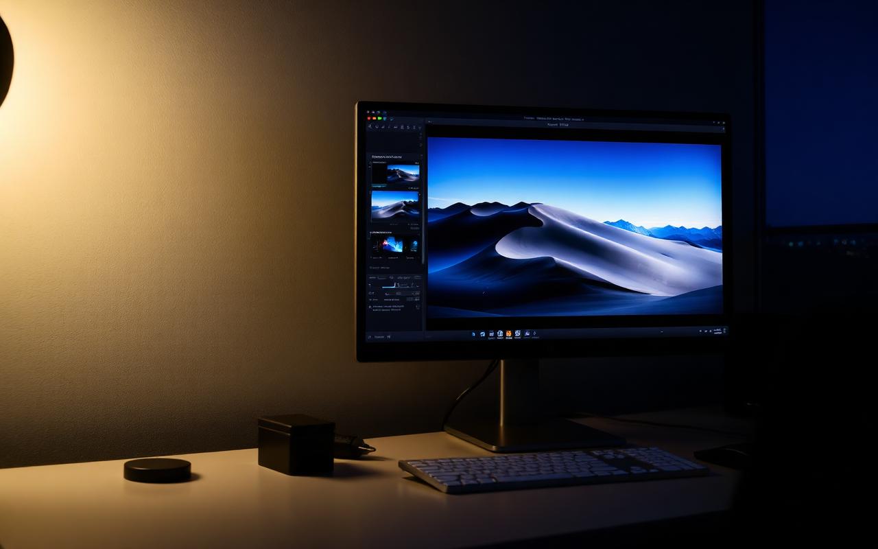 A photo editing workstation at night with a large monitor showing an abstract landscape and masking overlays on a neutral desk