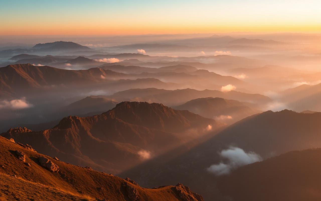 A sweeping misty mountain landscape at sunrise with layered ridges and warm golden light