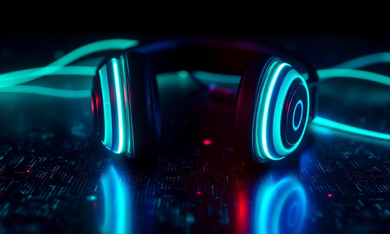 A pair of headphones glowing under blue and pink light, the kind of late night listening setup where you really hear every detail