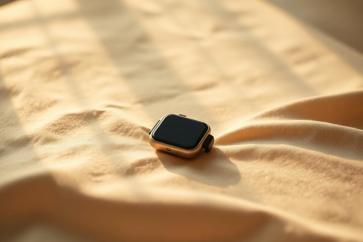 A minimalist smartwatch resting on a soft linen surface in warm sunlight A minimalist smartwatch resting on a soft linen surface in warm sunlight