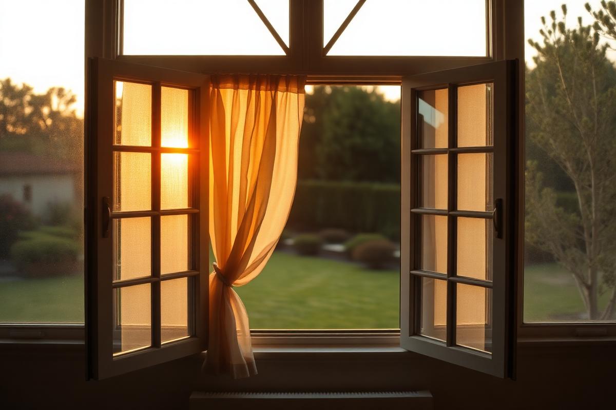 An open window with light curtains gently glowing in warm sunset light, looking onto a quiet garden An open window with light curtains gently glowing in warm sunset light, looking onto a quiet garden