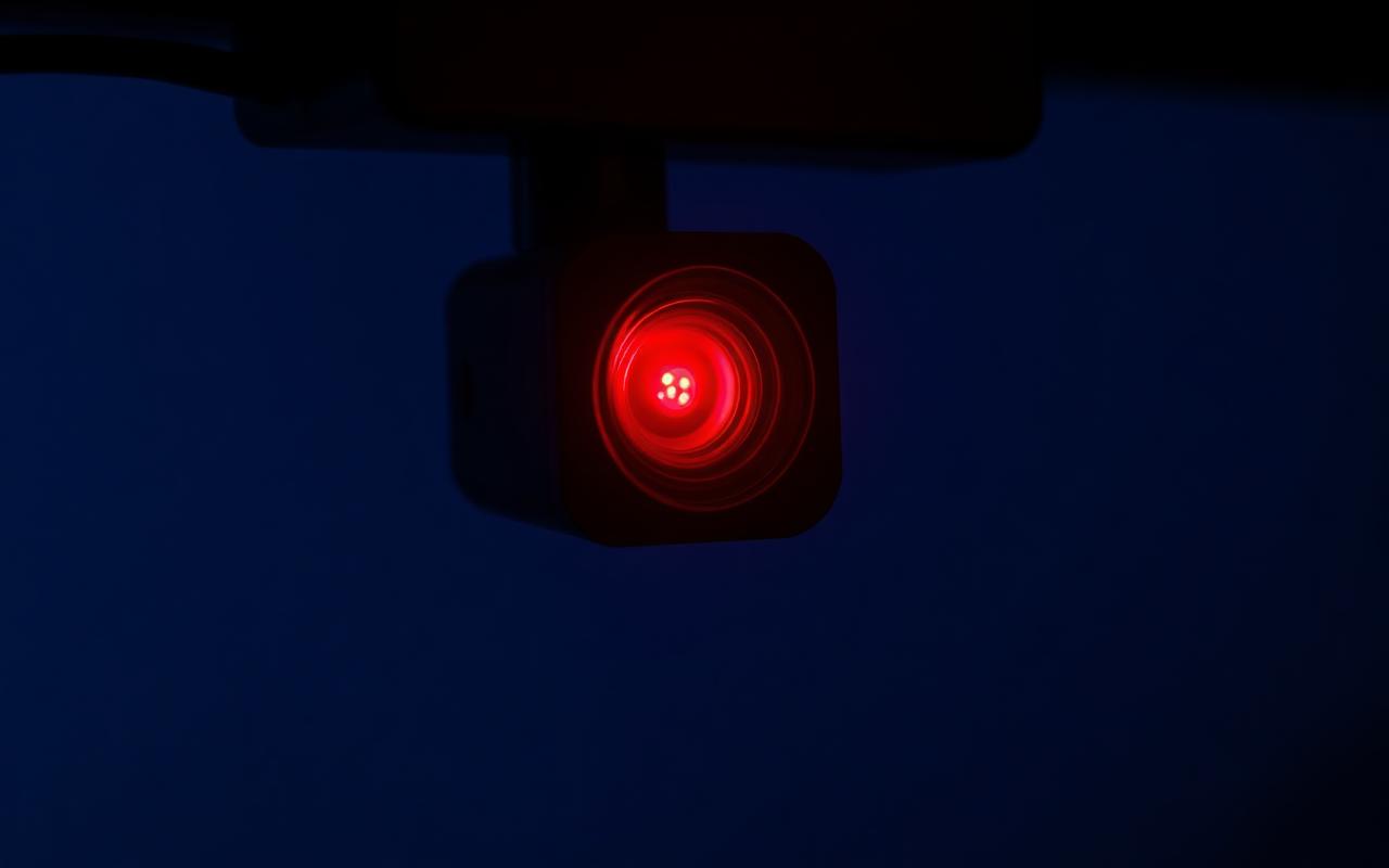 A close up of a small webcam lens with a soft red LED glowing on the top edge of a laptop screen