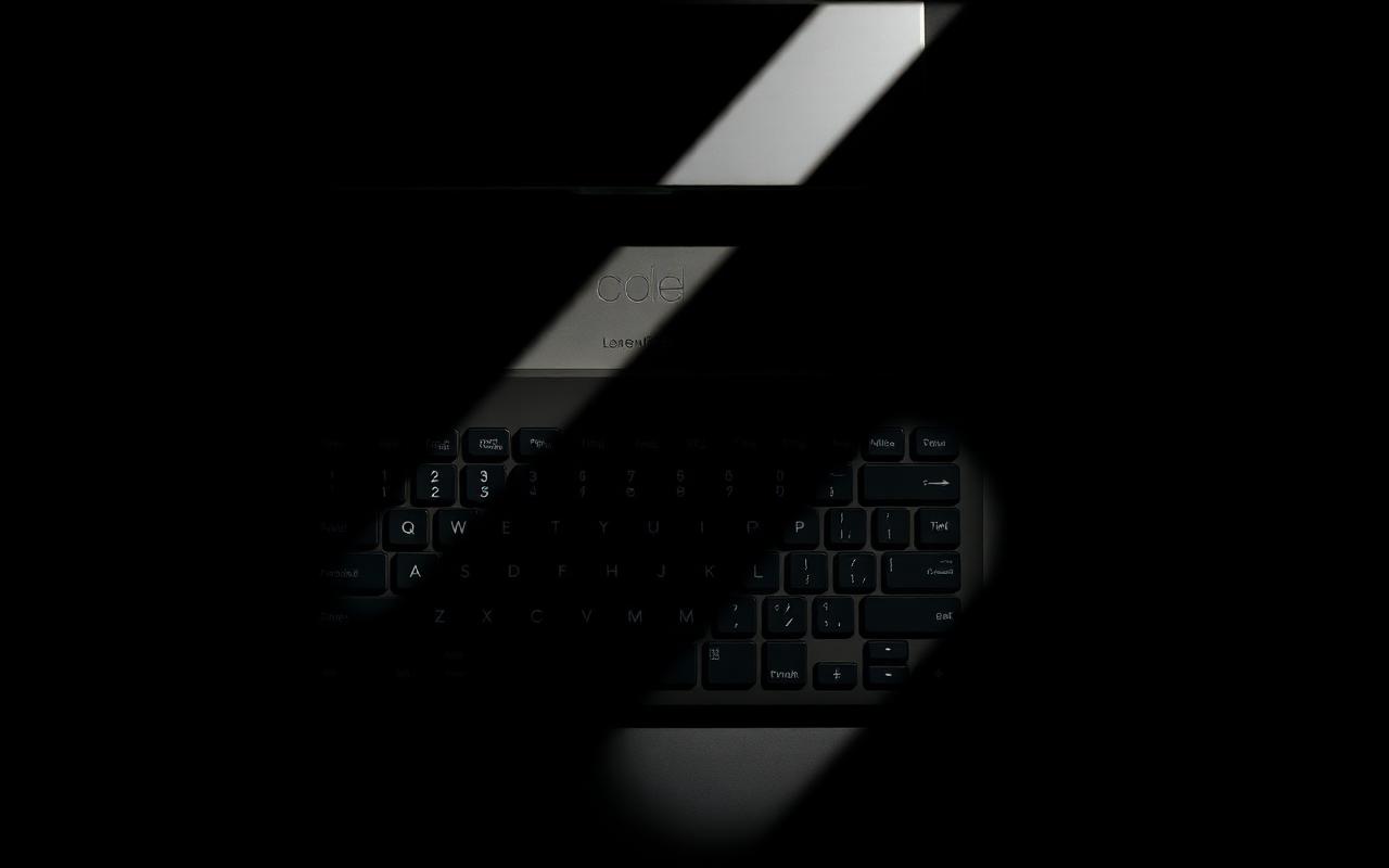 Overhead view of a keyboard partially illuminated by a beam of light casting a long shadow across a dark desk