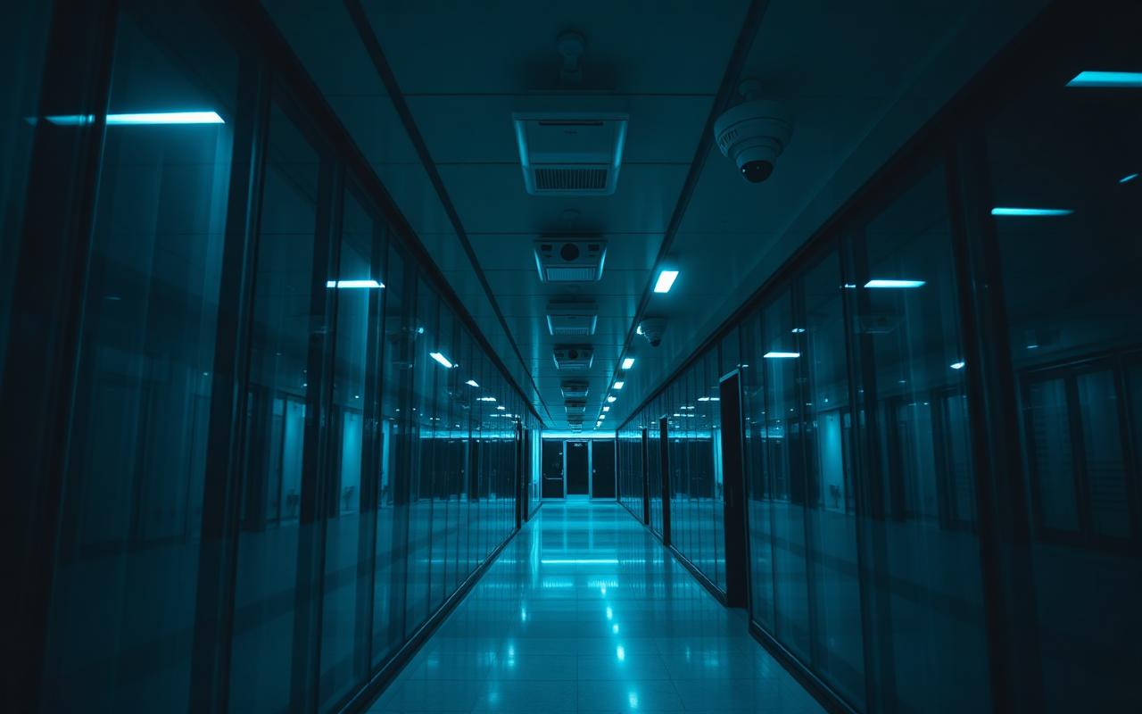 A wide angle view of a modern glass office corridor at night with security cameras mounted on the ceiling