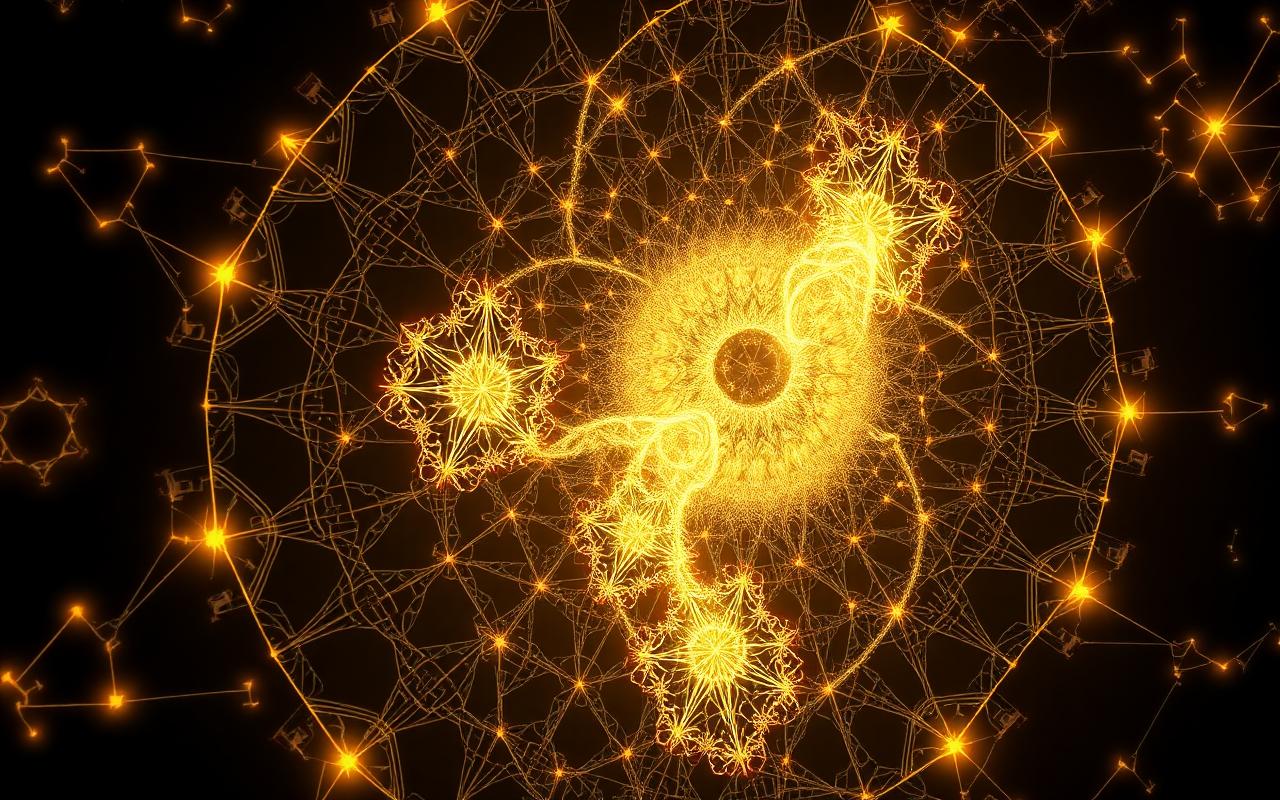 An abstract glowing fractal structure suggesting recursive intelligence expanding outward against a deep dark background An abstract glowing fractal structure suggesting recursive intelligence expanding outward against a deep dark background