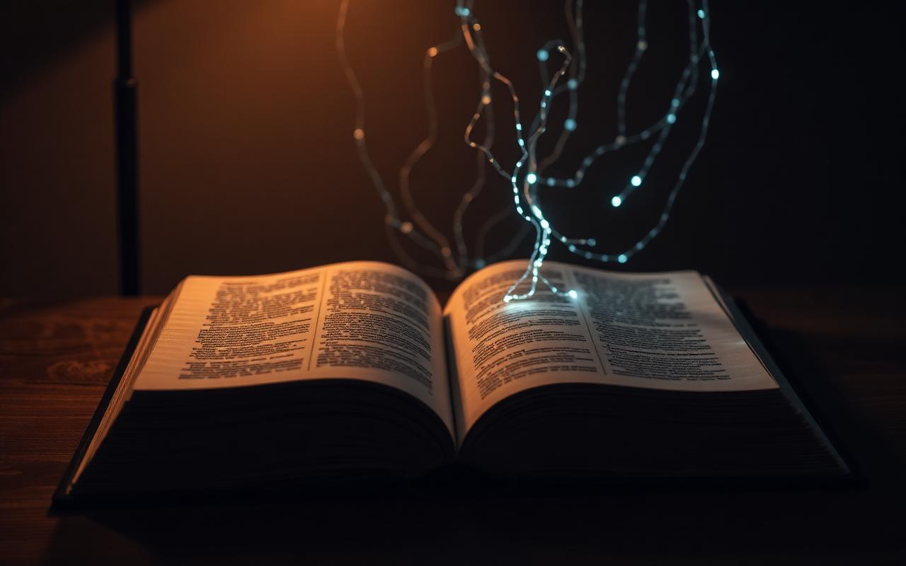 An open ancient book on a wooden table with abstract glowing data filaments rising from its pages into darkness, warm lamp light An open ancient book on a wooden table with abstract glowing data filaments rising from its pages into darkness, warm lamp light
