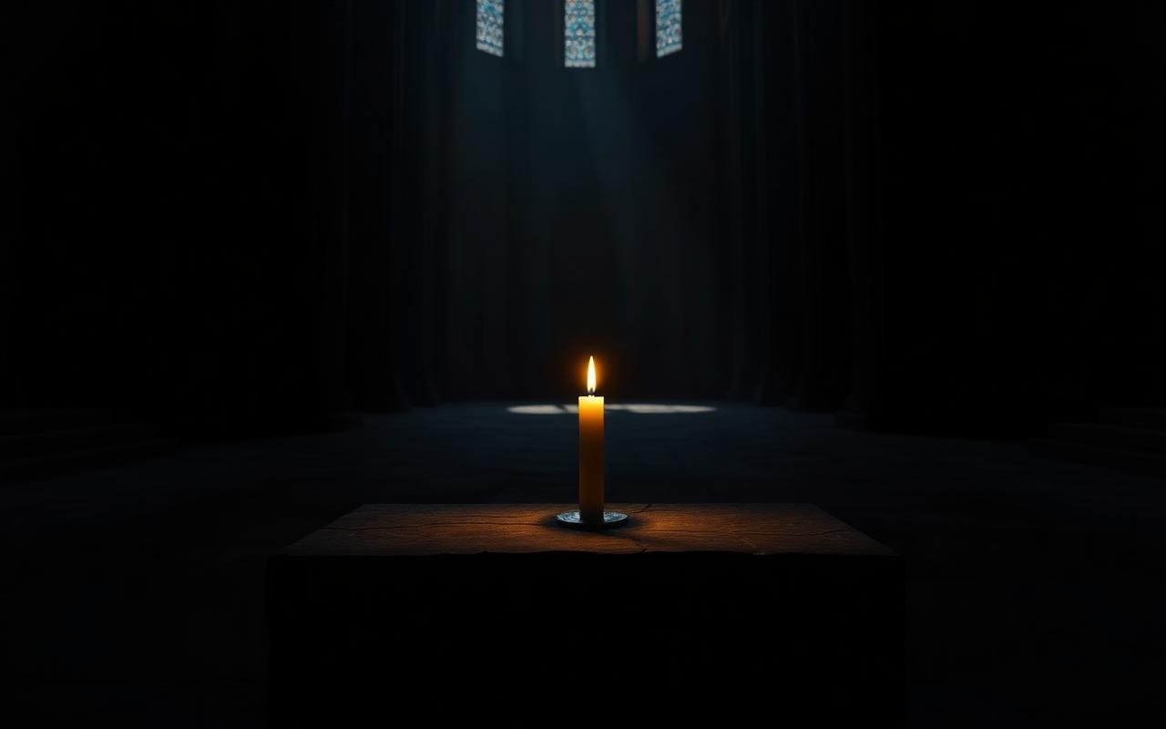 A single lit candle on a stone surface in a vast dark cathedral-like space, philosophical still life A single lit candle on a stone surface in a vast dark cathedral-like space, philosophical still life