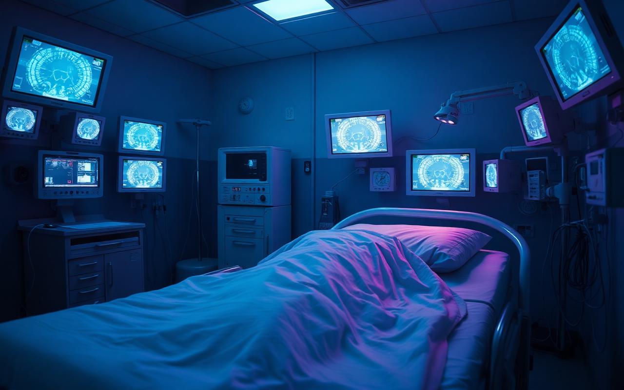 A clinical sleep lab setup with sensors and monitors quietly glowing in low light