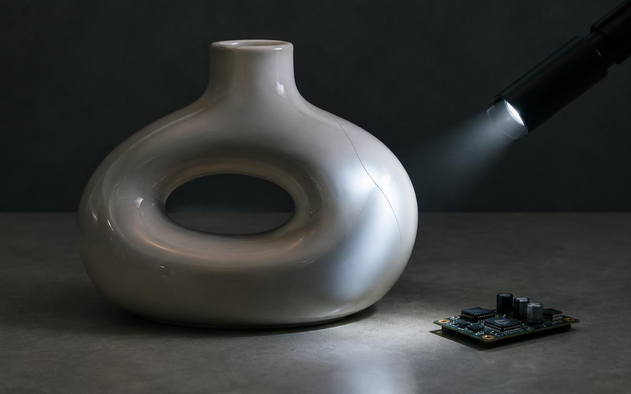 A polished object with a hidden crack revealed under inspection