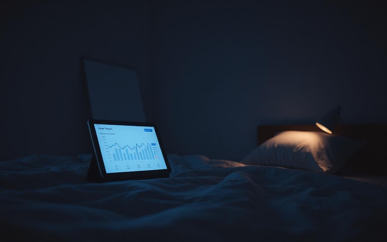 A dimly lit bedroom with a phone screen displaying a colourful sleep report at night