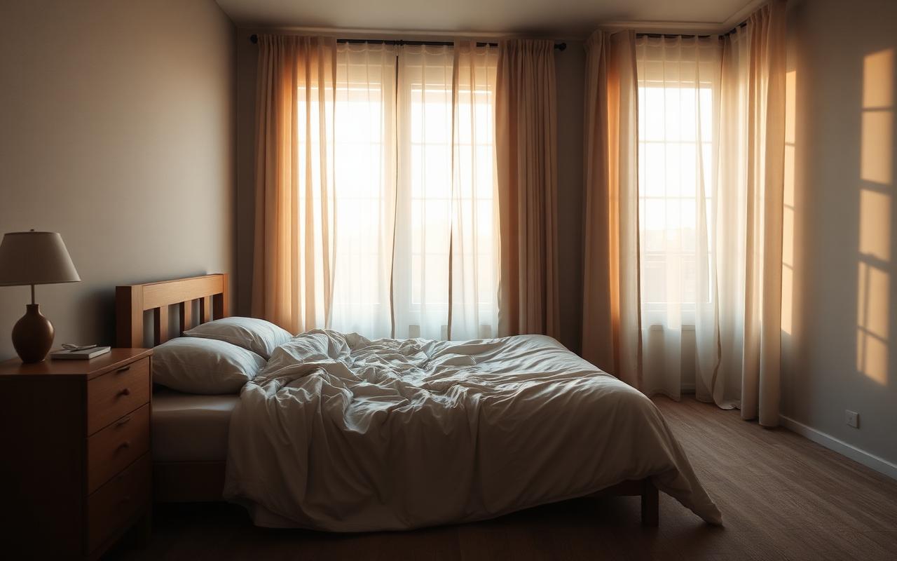A peaceful bedroom at dawn with soft morning light streaming through curtains