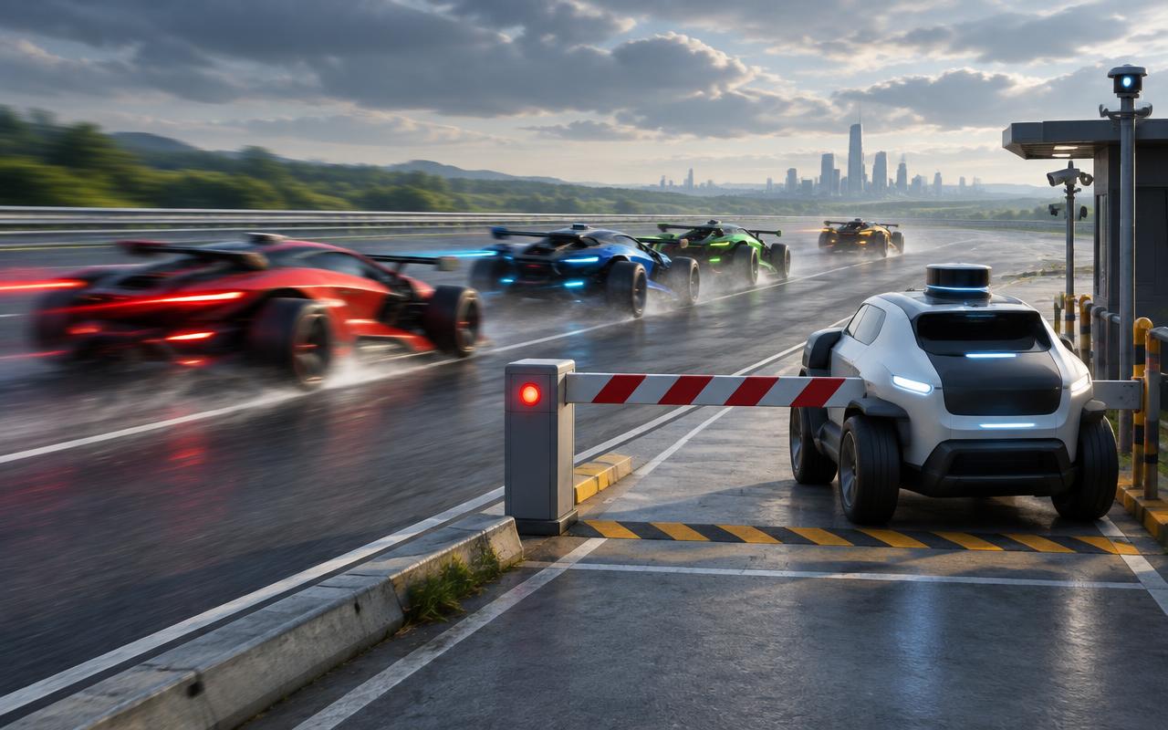 Fast autonomous machines racing past one system at a safety checkpoint