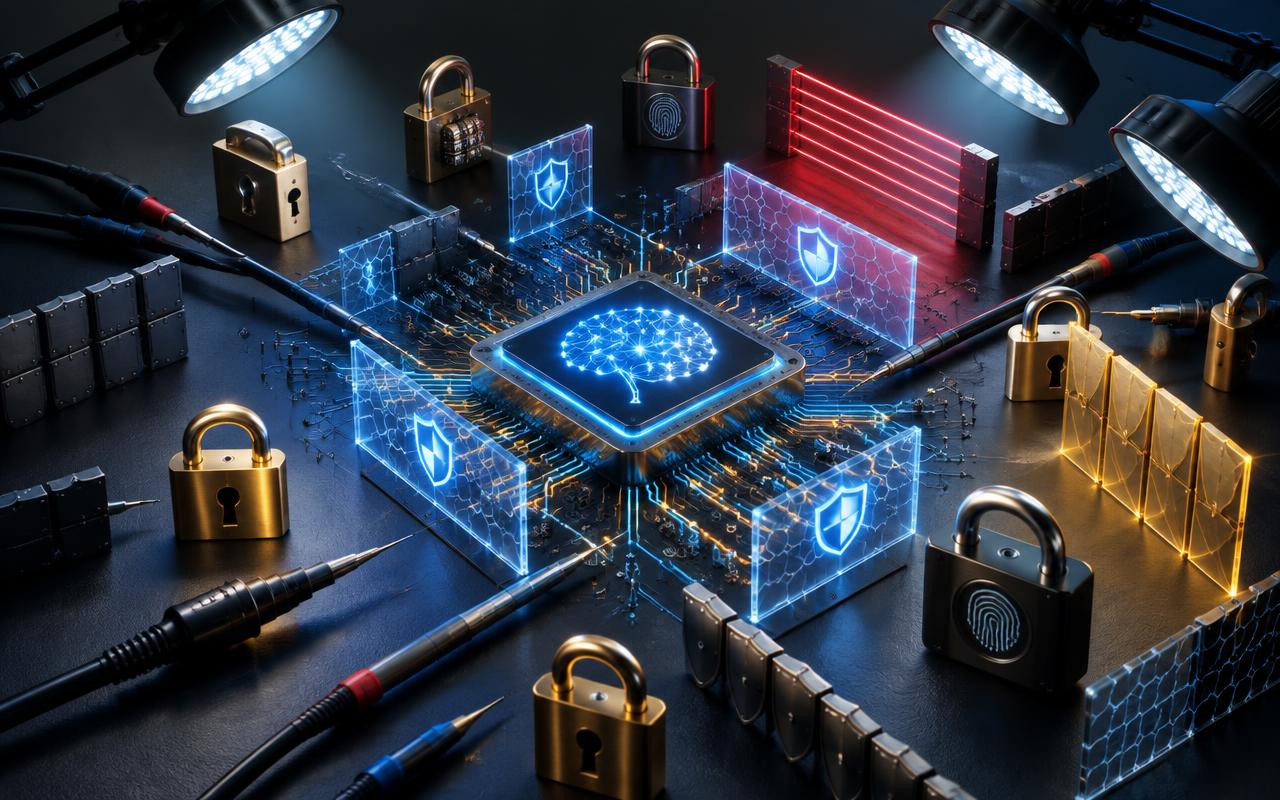 An AI circuit surrounded by changing locks and red-team testing tools