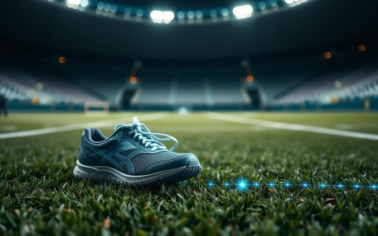 Close-up of running shoes resting on stadium turf with faint blue data line overlays