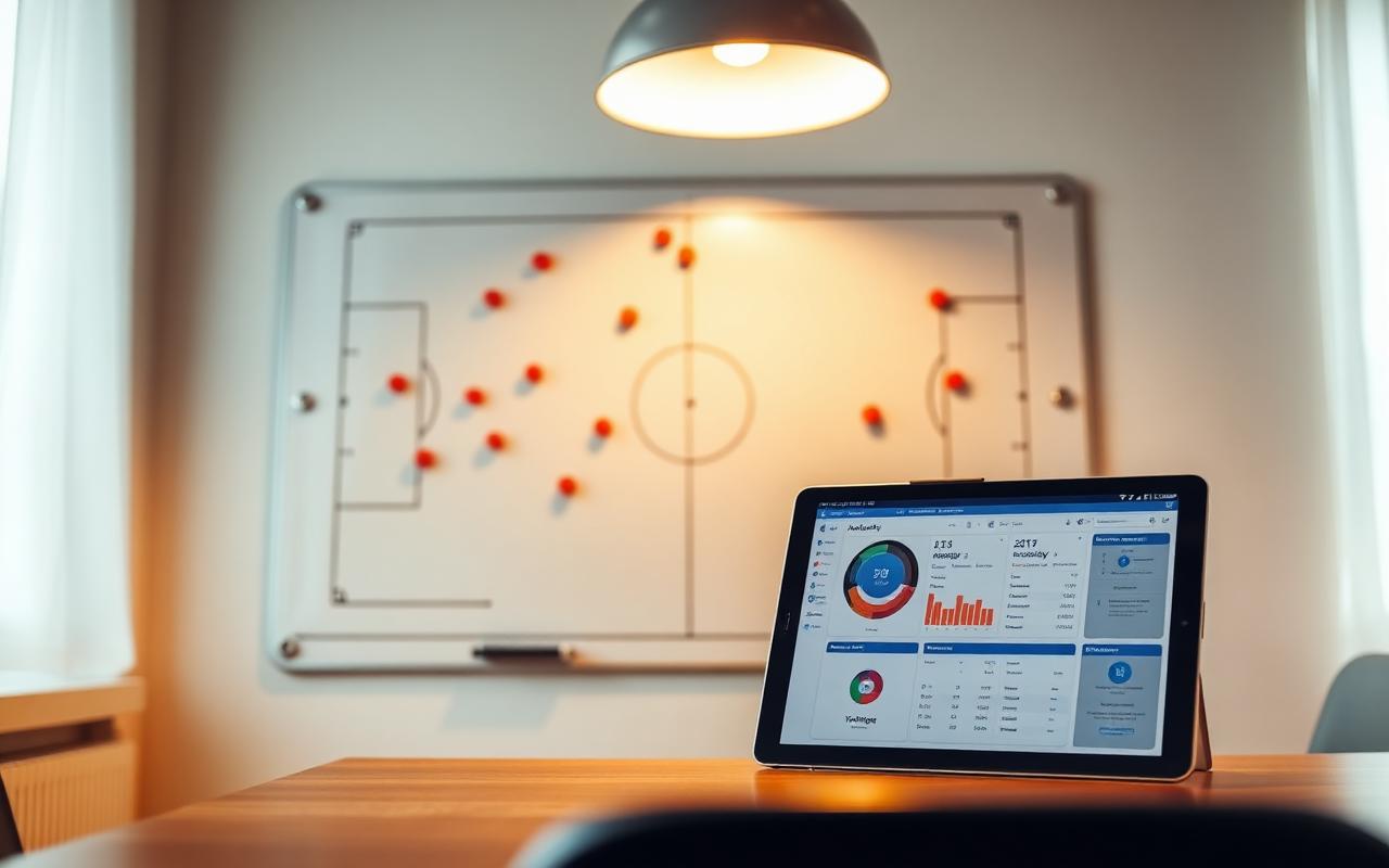 A coach's tactical whiteboard with magnetic markers and a tablet showing match analytics
