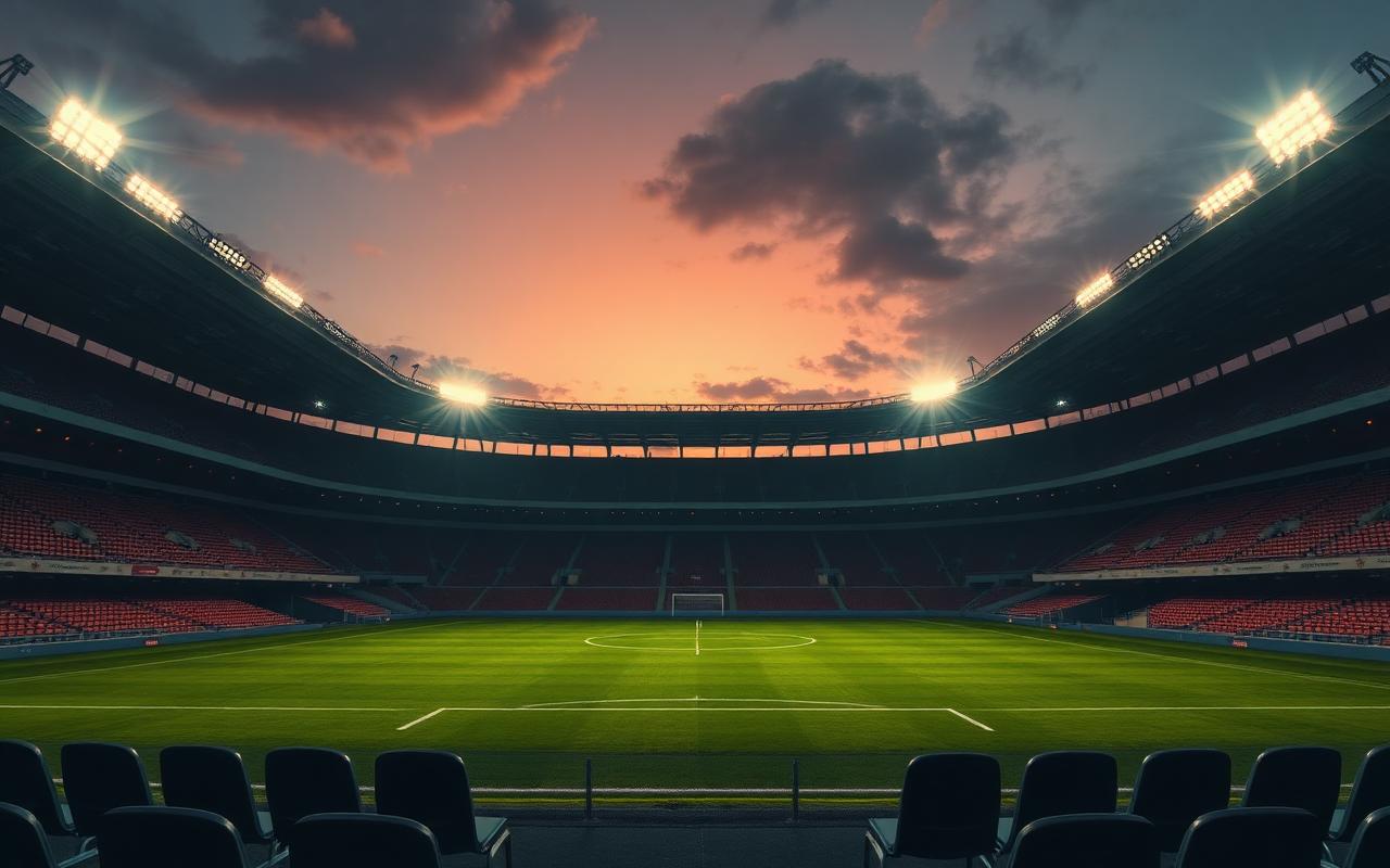 Empty stadium seats and a beautifully lit pitch at dusk with dramatic floodlights