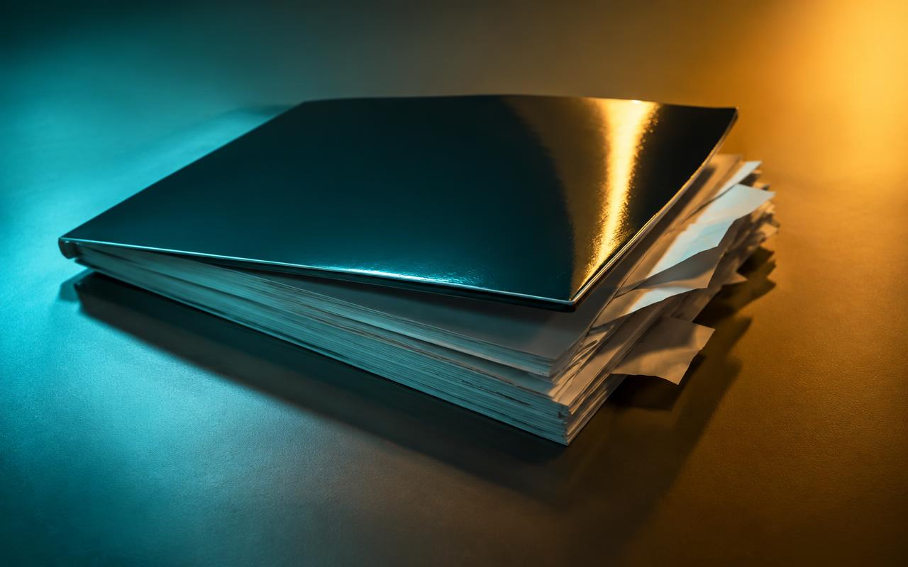 A glossy document cover hiding a rough stack of scraps A glossy document cover hiding a rough stack of scraps