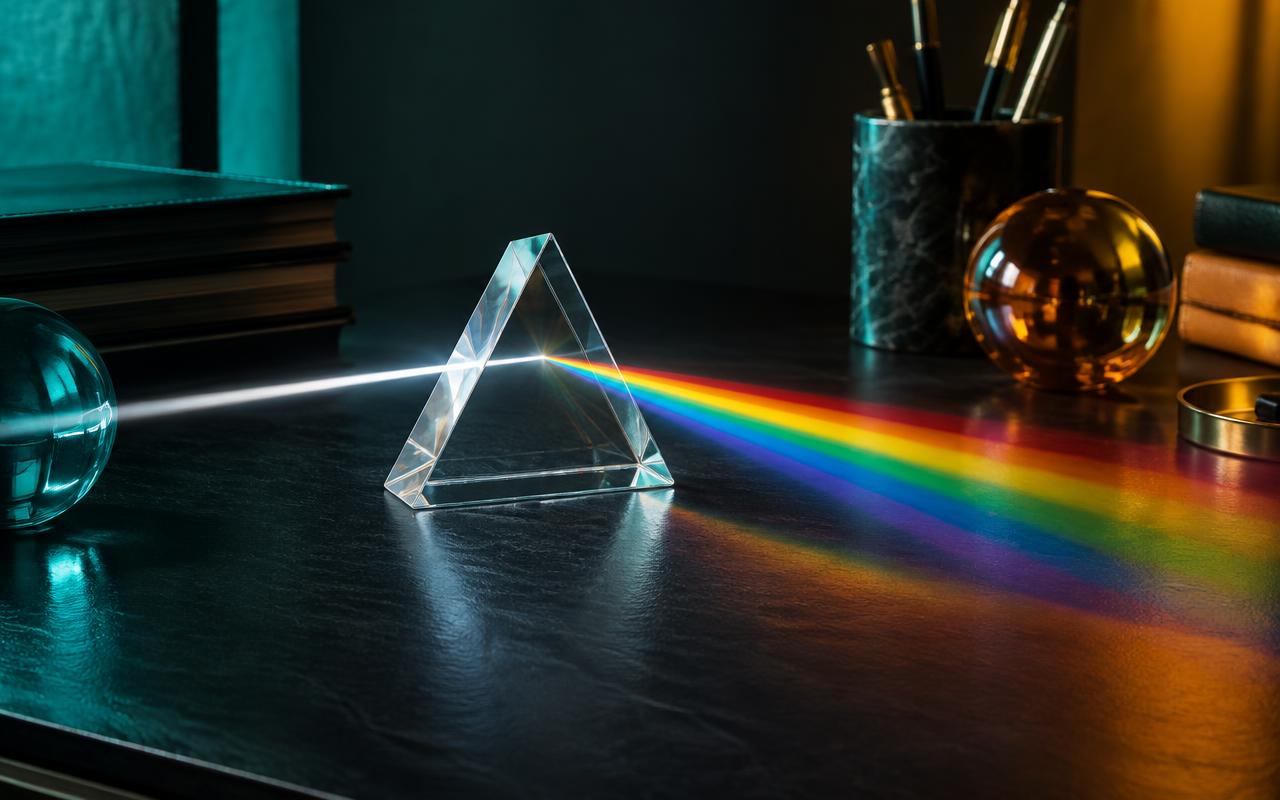 A glass prism separating white light into distinct colors A glass prism separating white light into distinct colors