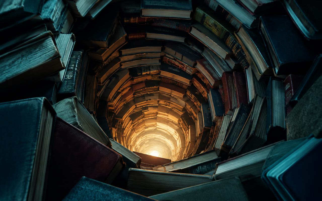 A deep spiral of books illuminated from below A deep spiral of books illuminated from below