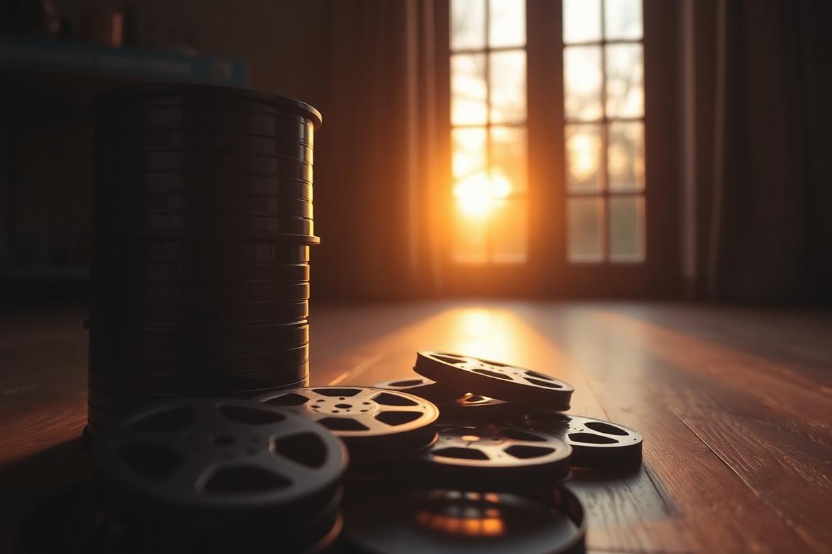 A stack of vintage film reels on a wooden floor in warm sunset light from a window A stack of vintage film reels on a wooden floor in warm sunset light from a window