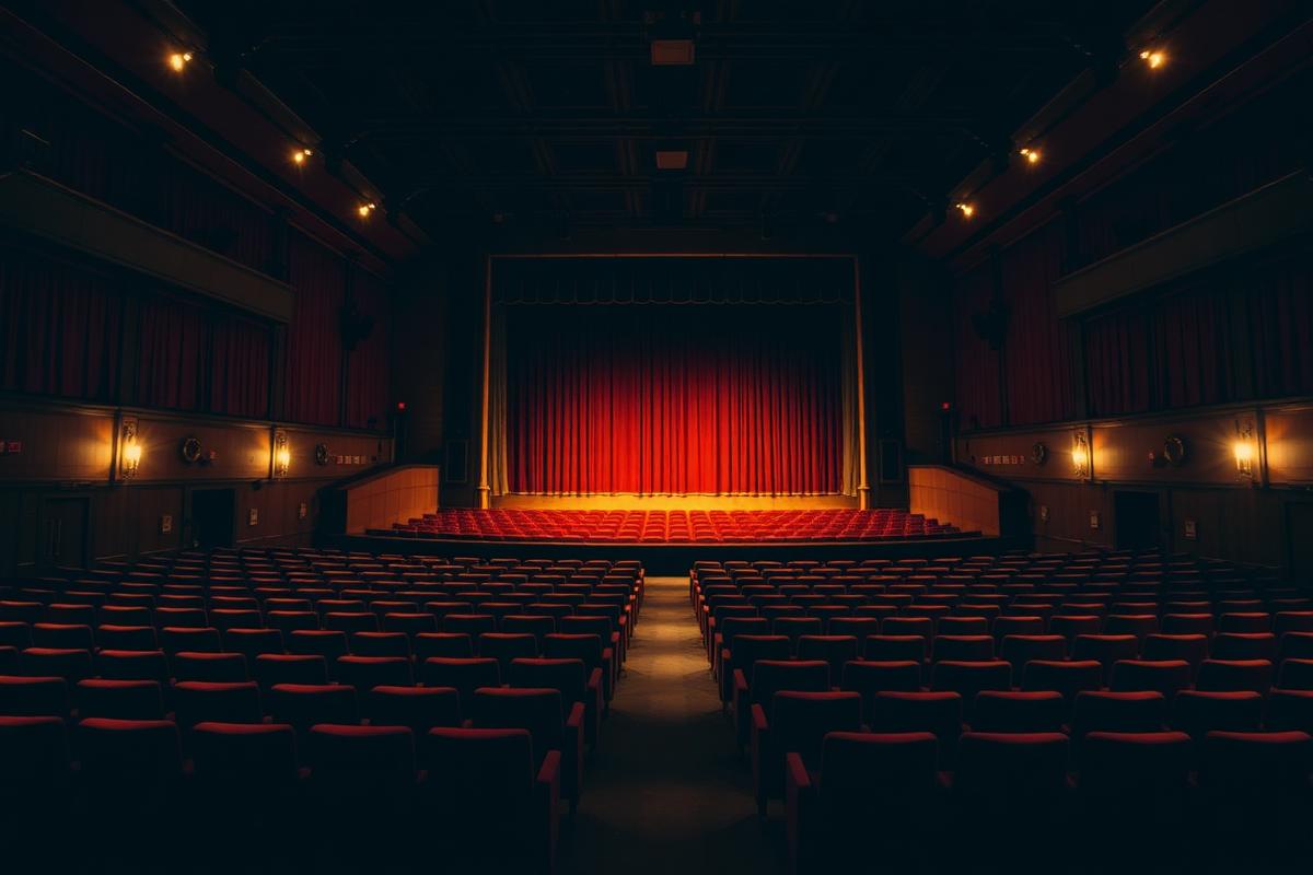 An empty vintage theatre auditorium with rows of red velvet seats and a warm spotlight on an empty stage An empty vintage theatre auditorium with rows of red velvet seats and a warm spotlight on an empty stage