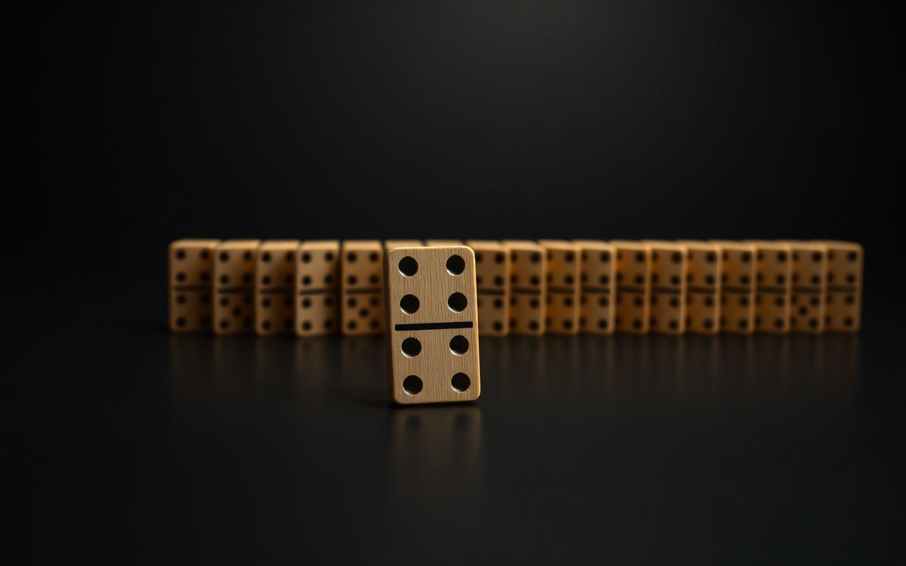 A single wooden domino tile teetering at the front of a long line of dominoes on a dark surface