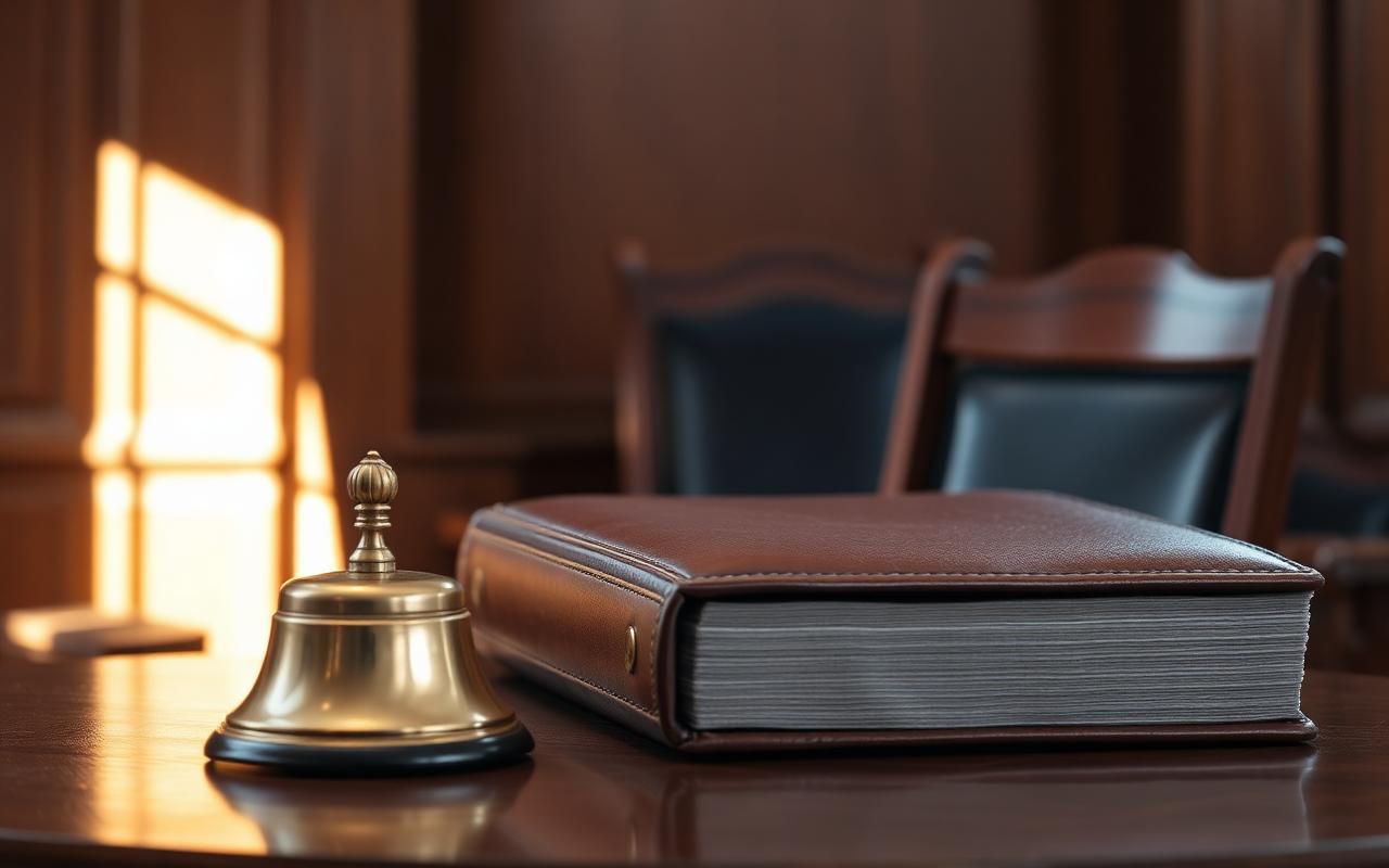 A closed leather bound legal folder on a mahogany judge's bench beside a small brass bell in warm light