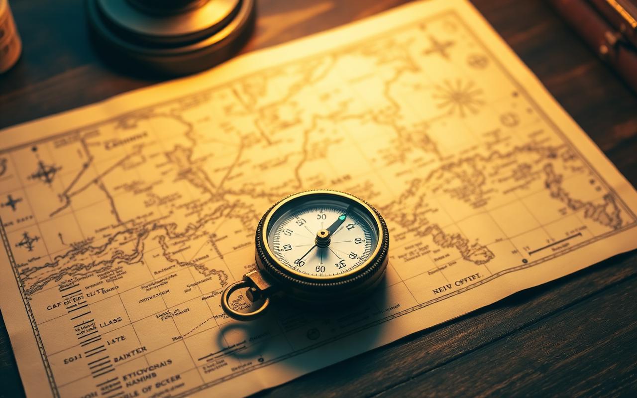 A vintage brass compass resting on an old paper nautical map on a dark wooden desk in warm lamp light