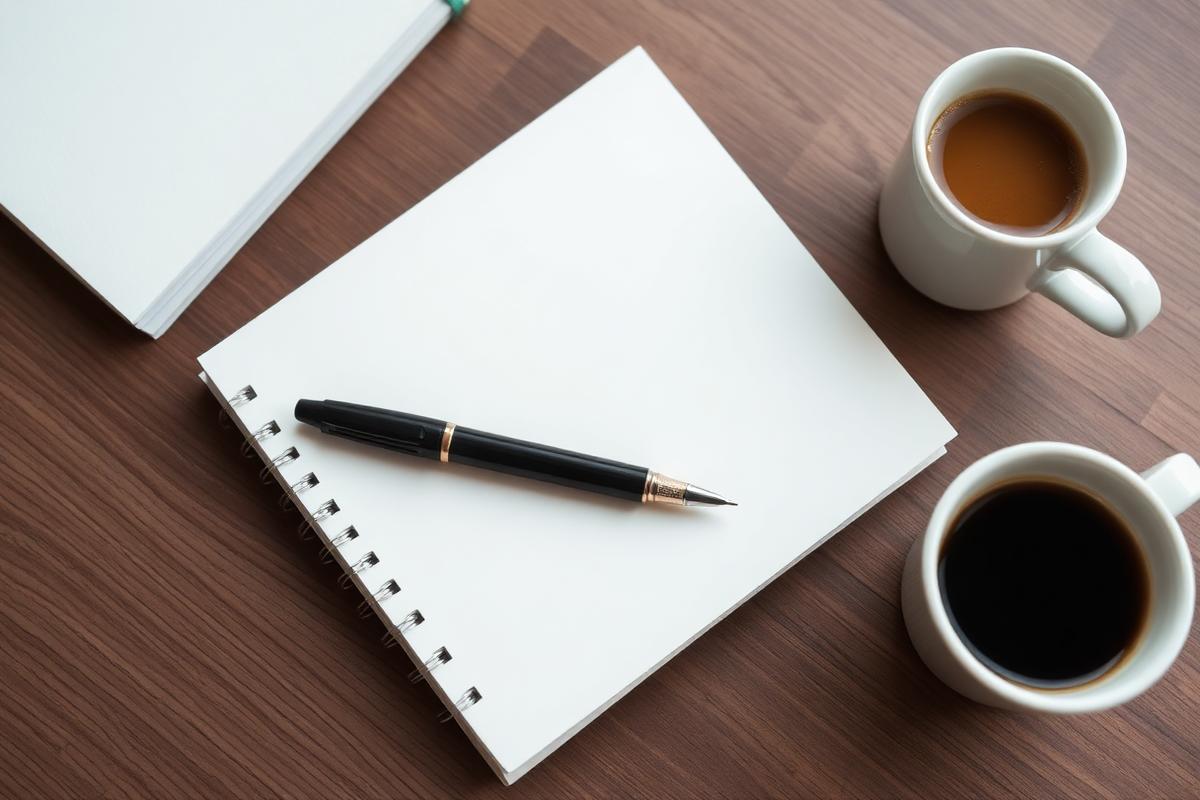A blank crisp paper notebook on a wooden table next to a black fountain pen and a cup of coffee in soft natural light A blank crisp paper notebook on a wooden table next to a black fountain pen and a cup of coffee in soft natural light