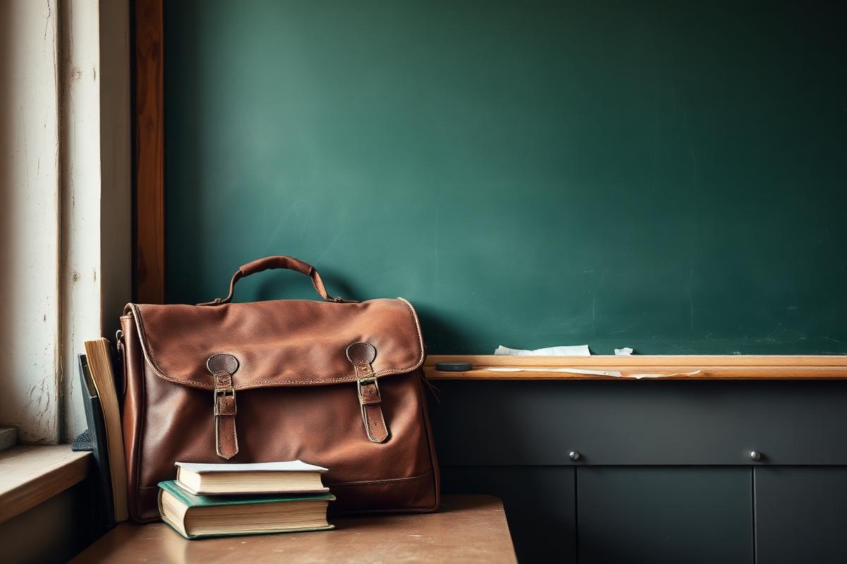 A worn leather satchel of books beside a blank chalkboard in soft warm classroom light A worn leather satchel of books beside a blank chalkboard in soft warm classroom light
