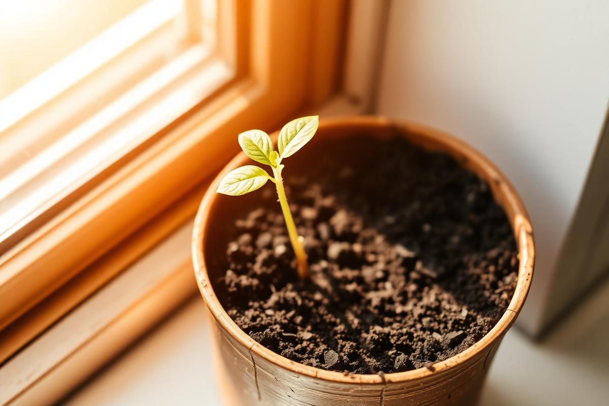 A potted seedling growing in rich soil on a sunny windowsill in gentle warm light A potted seedling growing in rich soil on a sunny windowsill in gentle warm light