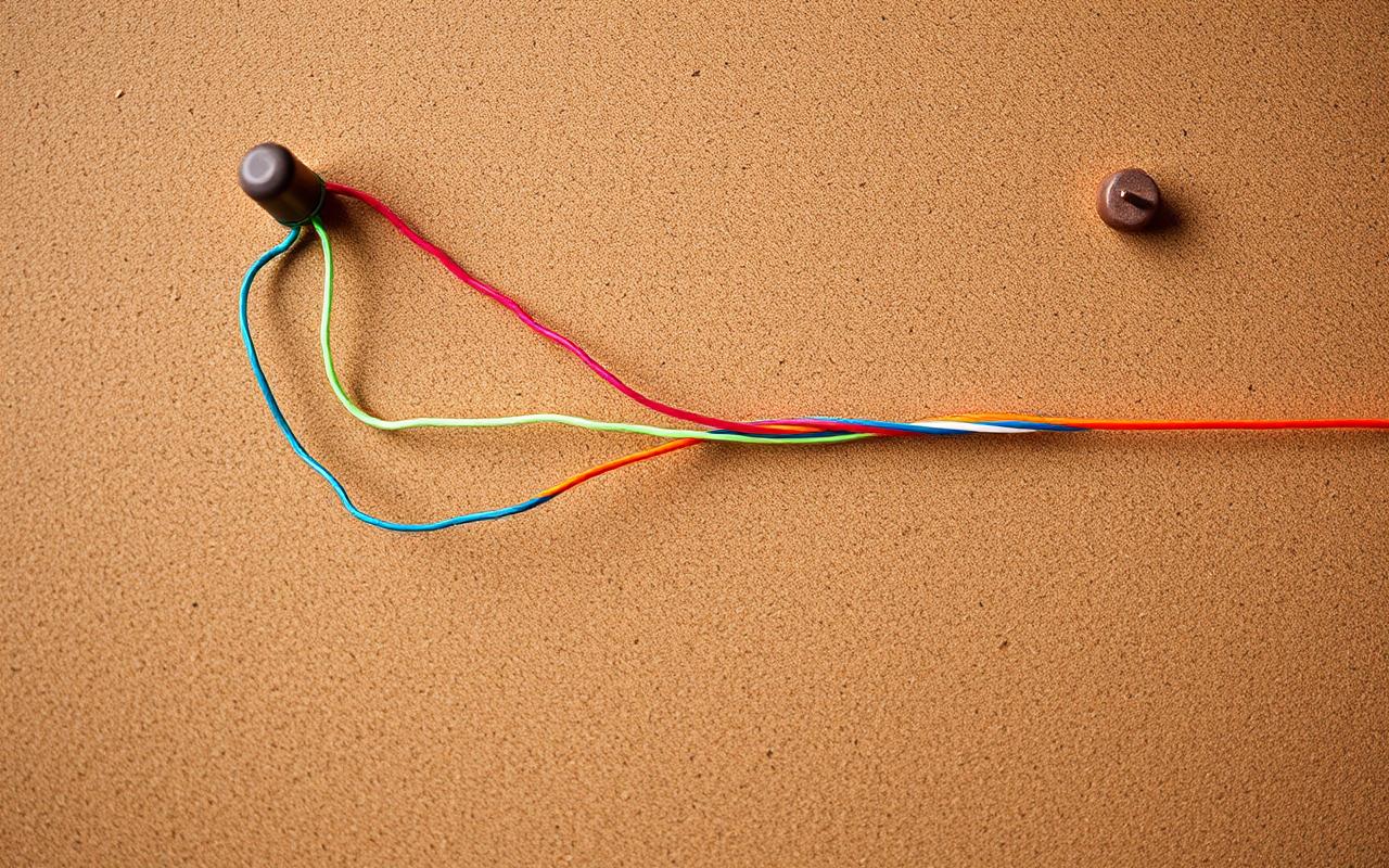 A tangle of coloured string pinned to a corkboard resolving into one straight line A tangle of coloured string pinned to a corkboard resolving into one straight line