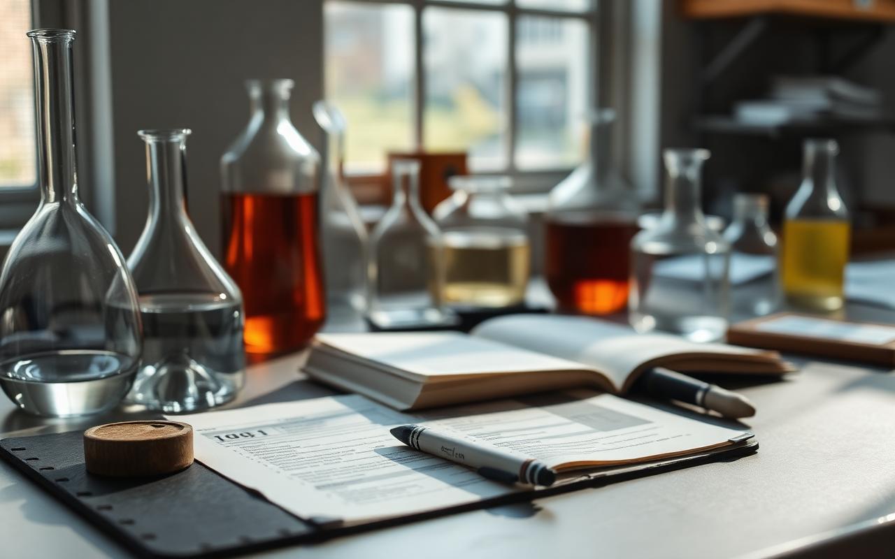 Laboratory glassware beside an annotated research paper on a slate bench in cool daylight Laboratory glassware beside an annotated research paper on a slate bench in cool daylight