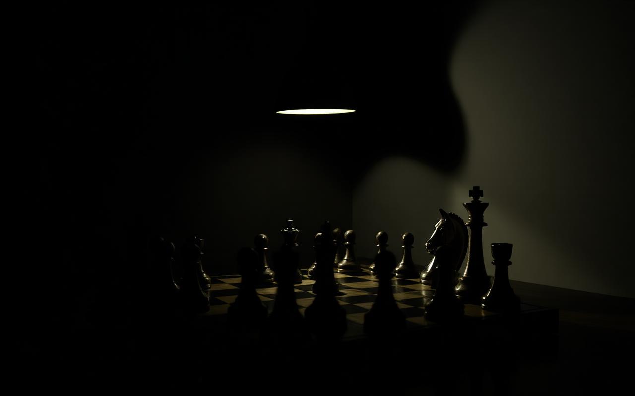 A chess board mid game lit by a single lamp in a dark room with long shadows A chess board mid game lit by a single lamp in a dark room with long shadows