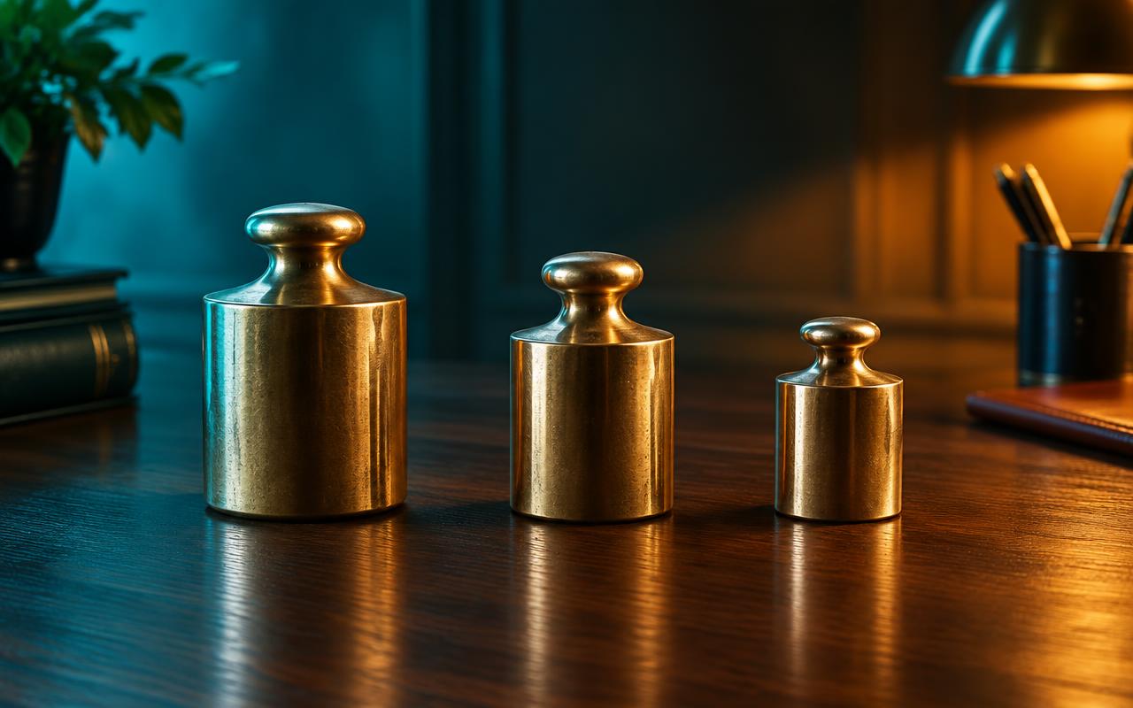 Three balanced brass weights representing forms of trust Three balanced brass weights representing forms of trust