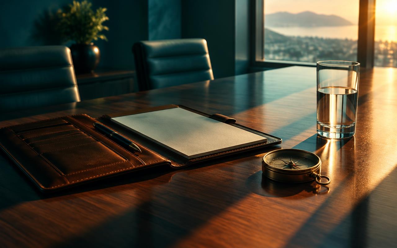 A leather portfolio, compass, and glass of water in a boardroom A leather portfolio, compass, and glass of water in a boardroom