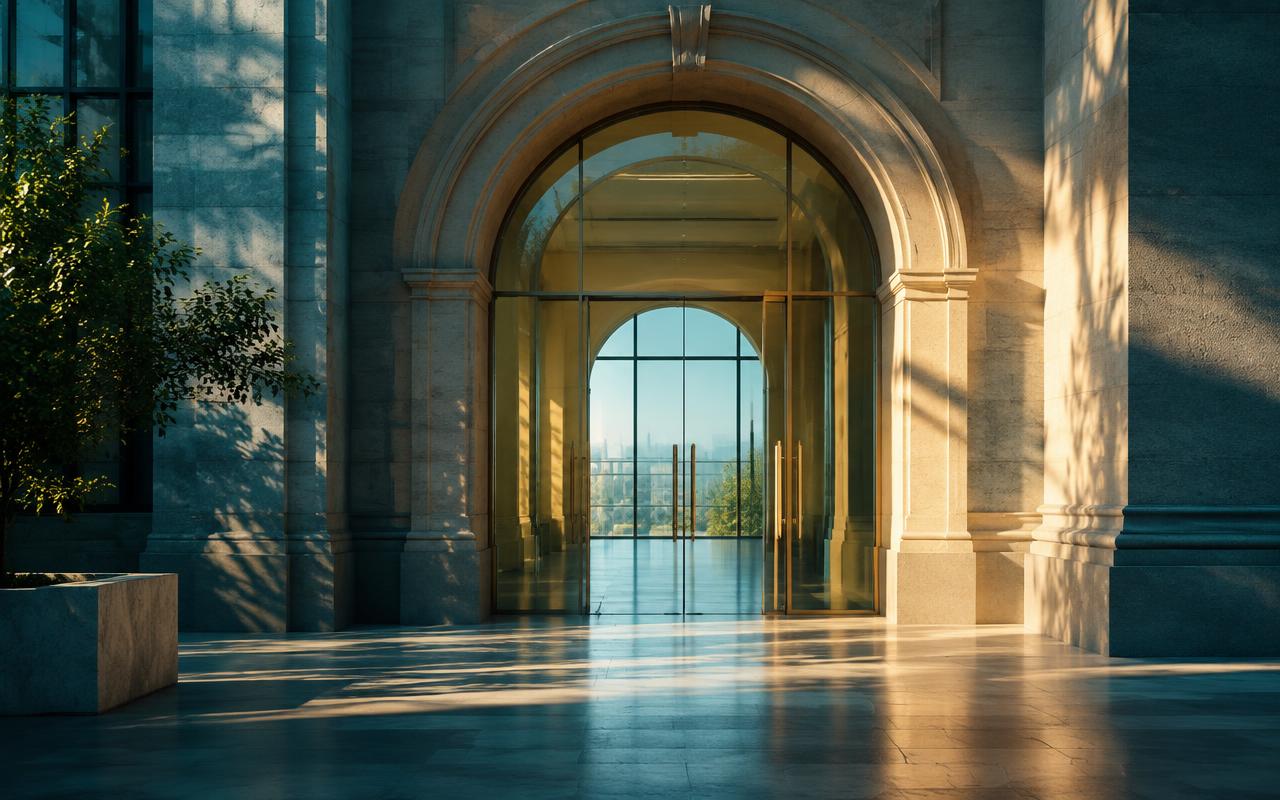 A strong stone arch framing transparent glass doors A strong stone arch framing transparent glass doors