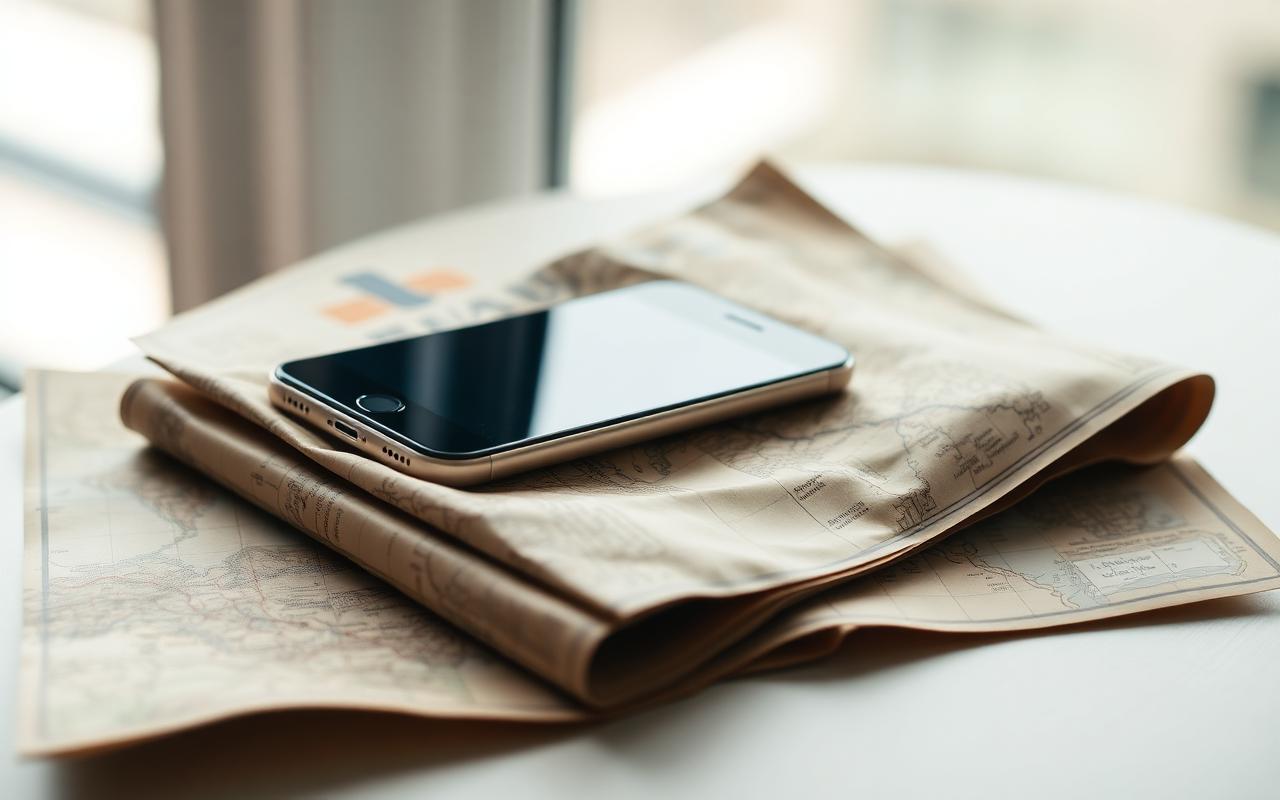 A folded vintage paper map with a glowing smartphone resting on top, soft natural window light A folded vintage paper map with a glowing smartphone resting on top, soft natural window light