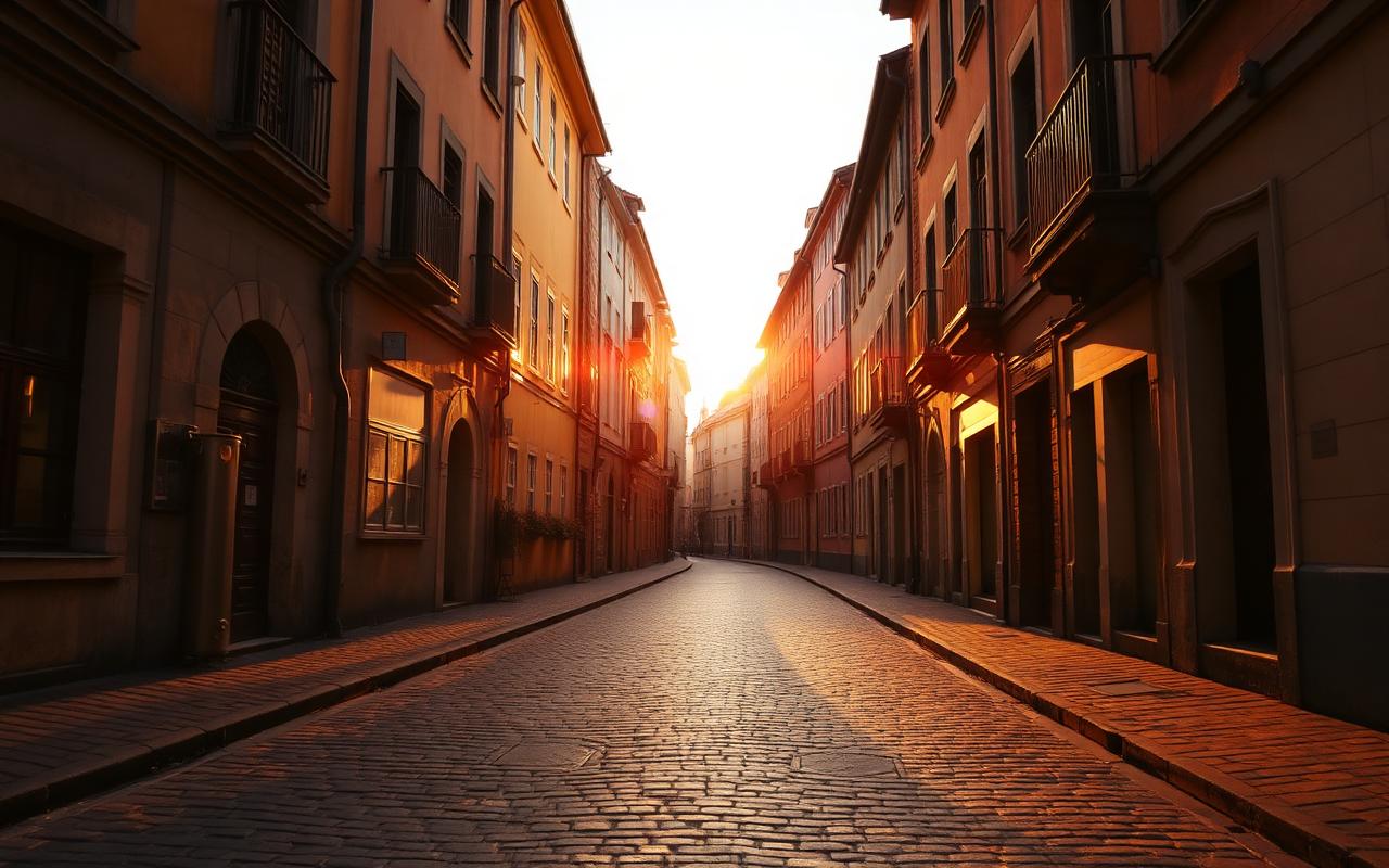 An empty cobblestone street in an unfamiliar old town at golden hour, warm low sun An empty cobblestone street in an unfamiliar old town at golden hour, warm low sun