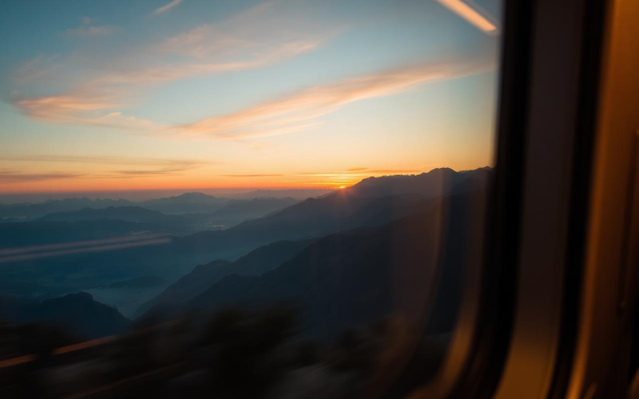 A view from a train window of a sweeping mountain landscape at sunset, soft motion blur on edges A view from a train window of a sweeping mountain landscape at sunset, soft motion blur on edges