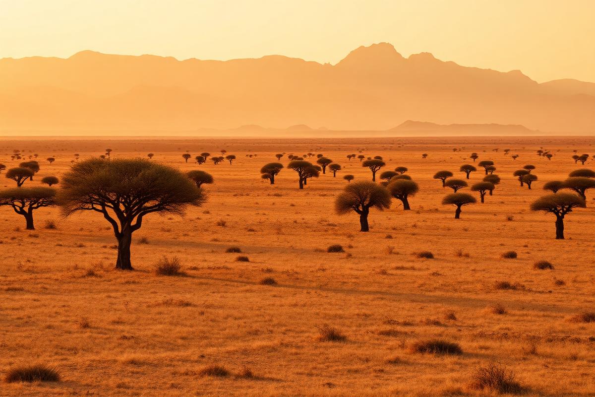 A vast pristine savanna landscape at sunrise with acacia trees and distant mountains